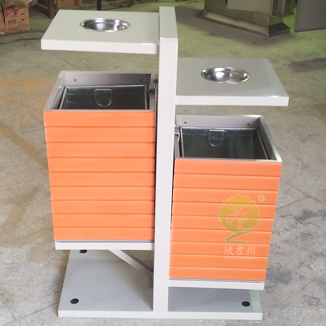 户外公园两分类钢木垃圾桶