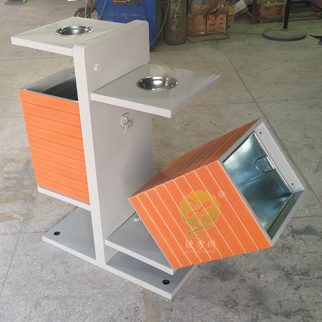 户外公园两分类钢木垃圾桶