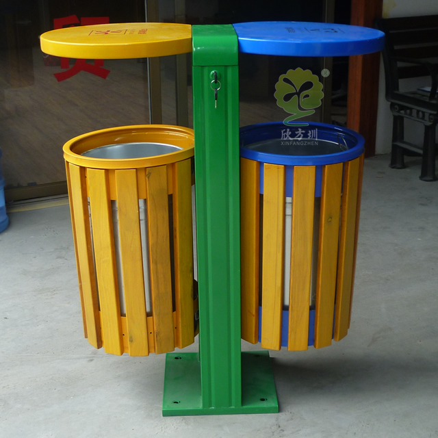 户外双筒钢木垃圾桶 户外双筒钢木垃圾桶