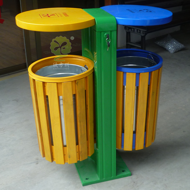 户外双筒钢木垃圾桶 户外双筒钢木垃圾桶